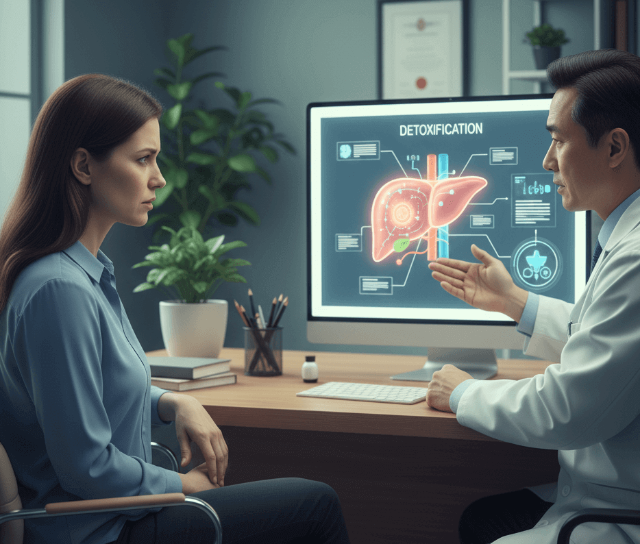 병원, 진료실, 여성, 의사, 모니터, 간모양, 책상, 화분