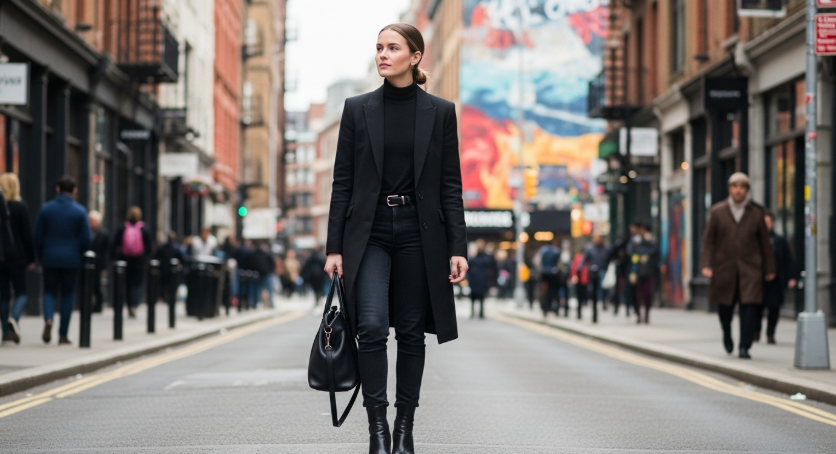 세련된 블랙 코디를 입은 사람이 도시 거리를 걷는 모습