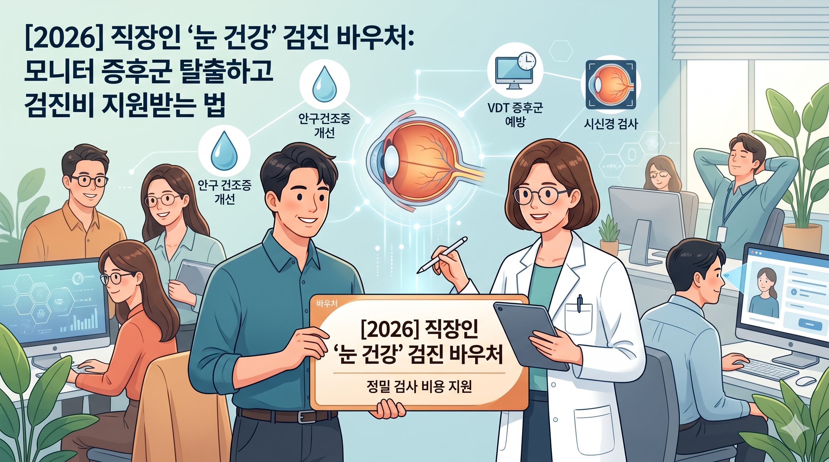 2026년 직장인 눈 건강 검진 바우처 정밀 검사 비용 지원 및 VDT 증후군 안구 건조증 예방 안과 검진 가이드 일러스트