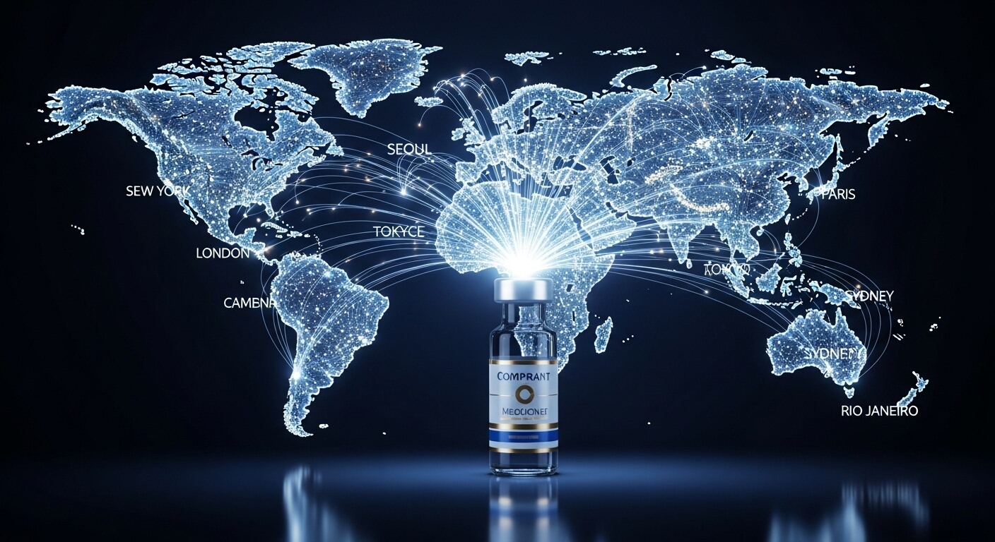 약품이 있고 세계지도가 있다. 세계로 뻗어나가는듯한 이미지