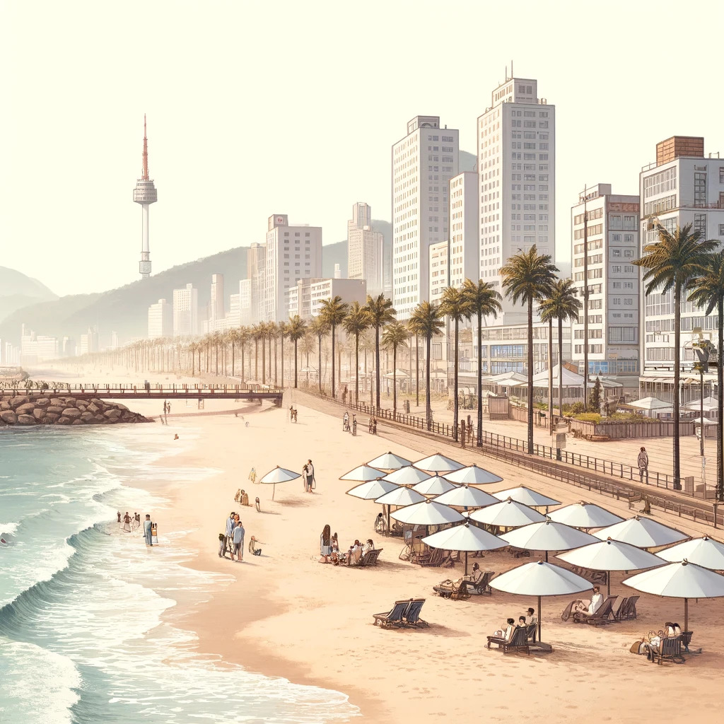 부산 해운대의 모습을 그린 이미지