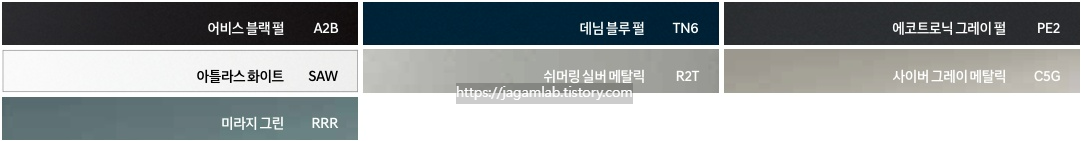 2025 베뉴 어비스 블랙 펄, 데님 블루 펄, 에코트로닉 그레이 펄, 아틀라스 화이트, 쉬머링 실버 메탈릭, 사이버 그레이 메탈릭, 미라지 그린 외장 컬러