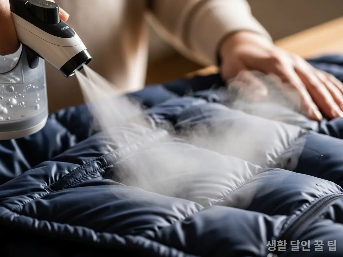 패딩과 거리를 두고 스팀을 분사하여 털을 이완시키는 스팀다리미 사용 모습