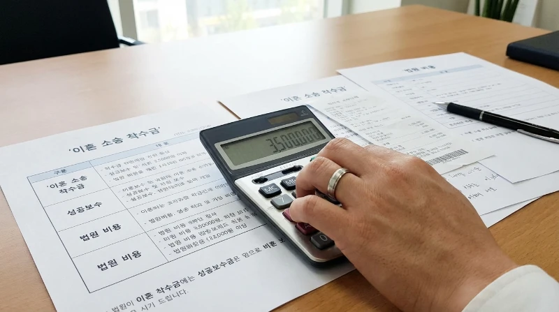 이혼 변호사 착수금, 성공보수, 법원 비용 등 이혼 소송 관련 비용을 계산하는 손.