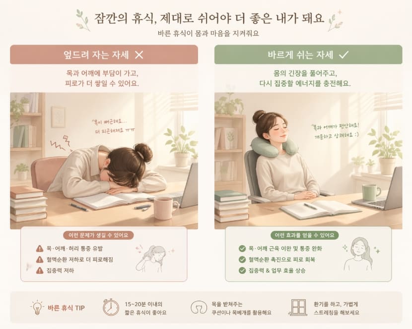 책상에 엎드려 자는 자세와 바르게 쉬는 자세 비교 사진