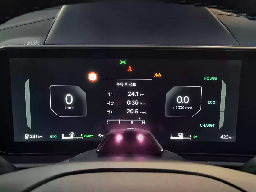 시승 직후 획인한 더 뉴 스포티지 하이브리드의 주행 정보입니다.