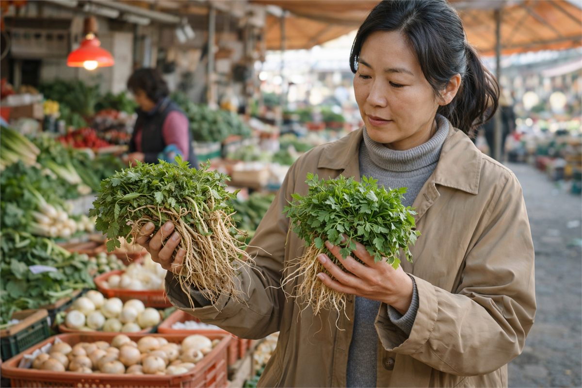 전통시장에서 어린 냉이 묶음을 비교하며 고르는 모습 