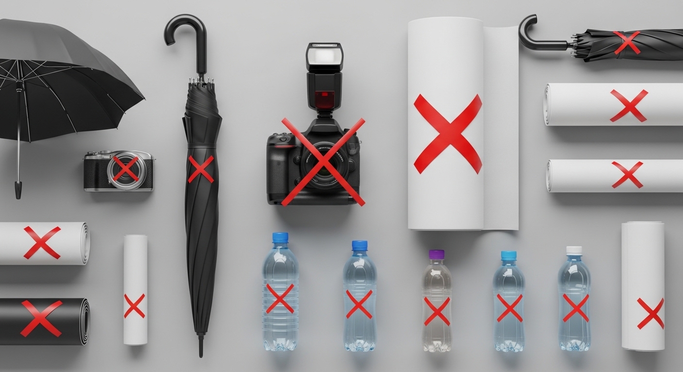 콘서트 반입 금지 물품인 전문 카메라, 장우산, 생수병 등의 예시