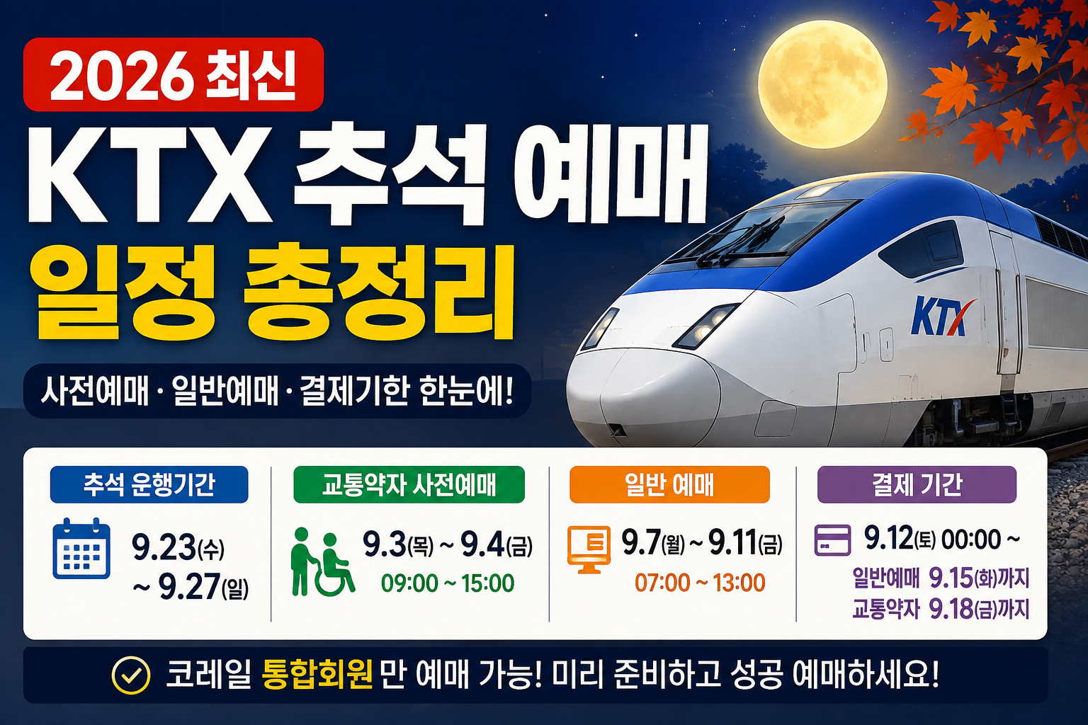 [2026 최신] KTX 추석 예매 일정 총정리｜사전예매&middot;일반예매&middot;결제기한 한눈에