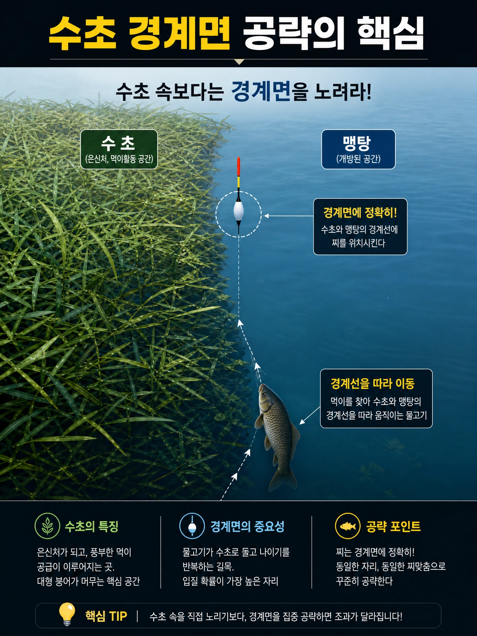 수초 밀집 지역과 맹탕이 만나는 경계면 공략의 중요성 시각화