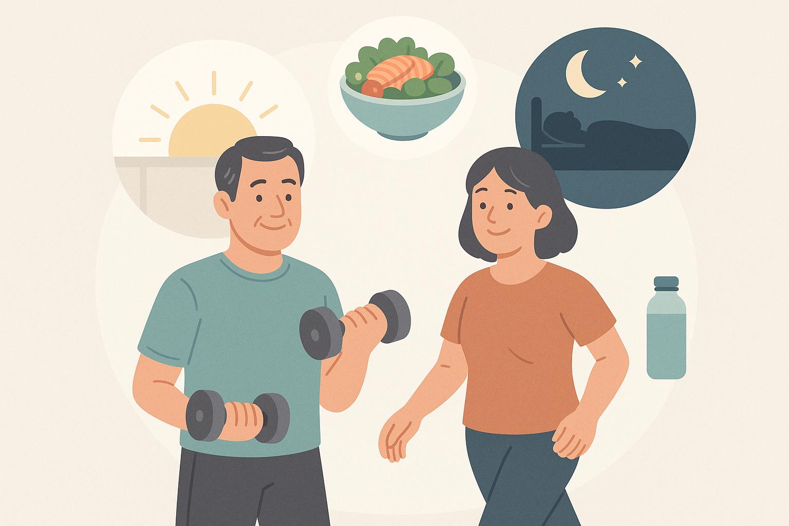 중년의 남녀가 체중조절을 위해 운동하는 모습 이미지 만화체 그림