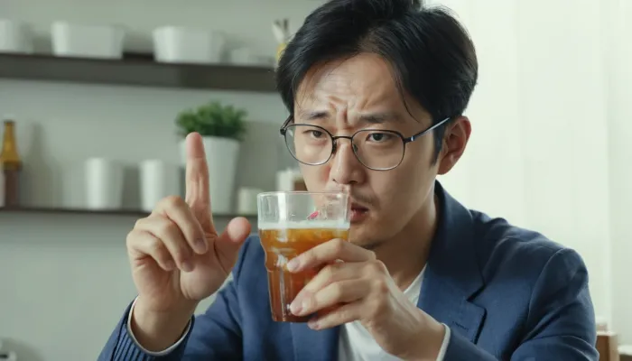 냉음료를 피하며 시림 증상을 예방하는 장면