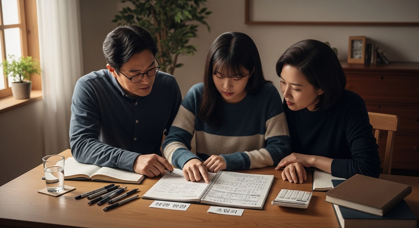 부모와 함께 입시 결과표를 확인하고 있는 이미지