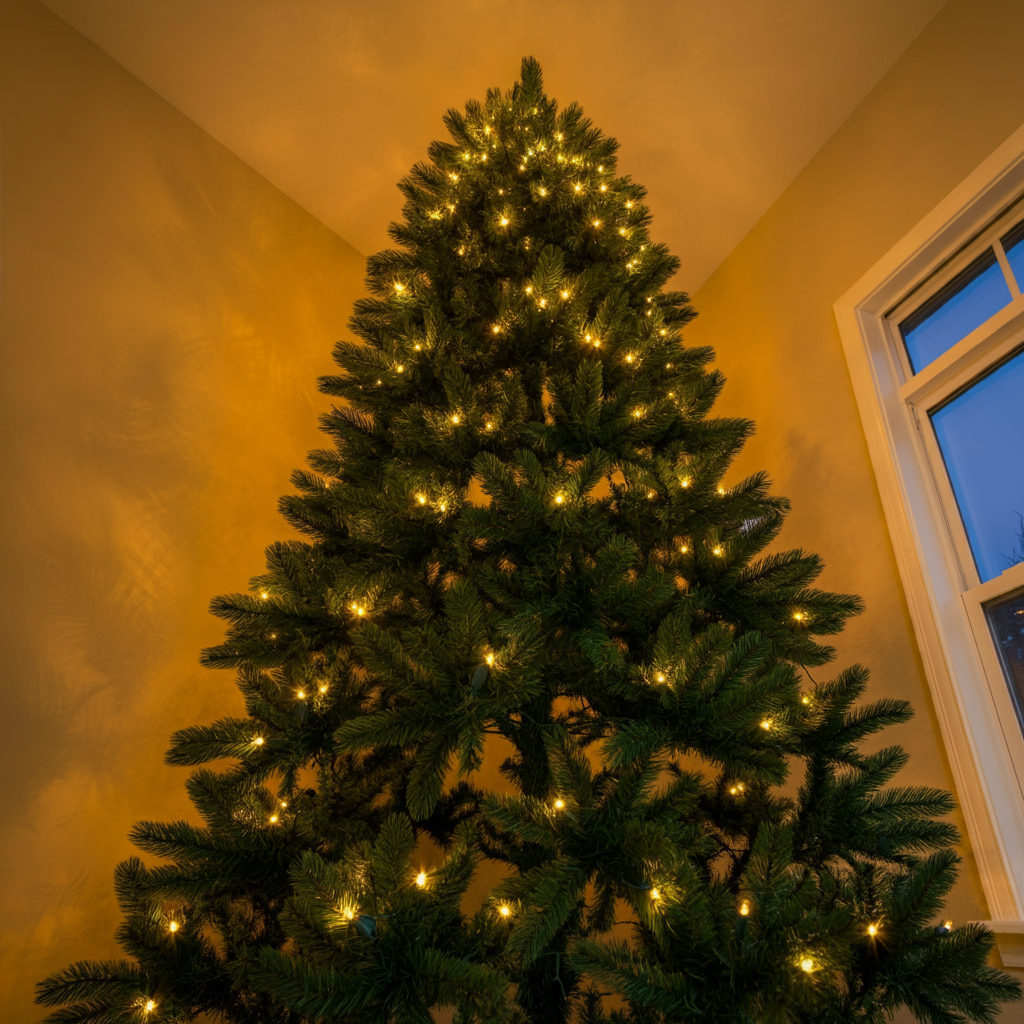 조명과 황금빛 장식으로 꾸며진 크리스마스 트리, 고요하고 평화로운 실내 장면