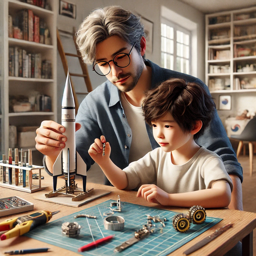 아버지와 아들이 집에서 과학 프로젝트를 함께 작업하는 모습. 아버지는 모형 로켓을 들고 있고, 아들은 책상에서 작은 부품을 조립하고 있습니다. 방은 책과 장난감으로 채워져 아늑한 분위기를 자아냅니다
