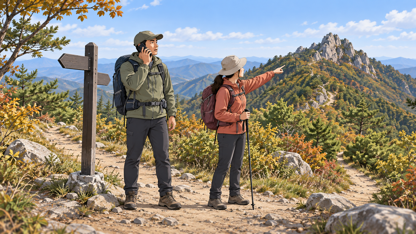 산길 갈림길에서 휴대전화로 119에 주변 산세와 위치표지를 설명하는 등산객 설명용 삽화
