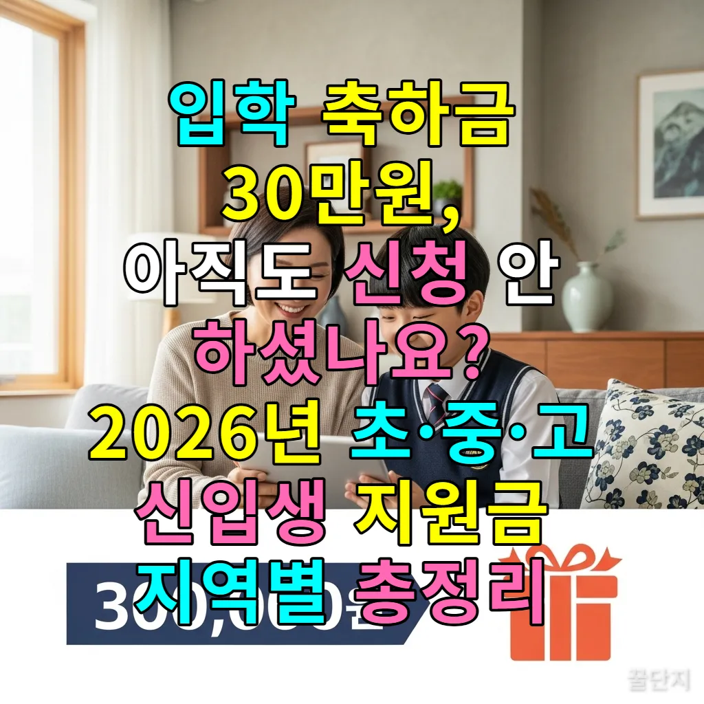 2026년 입학준비금 신청을 위해 태블릿을 보고 있는 한국 학부모와 학생
