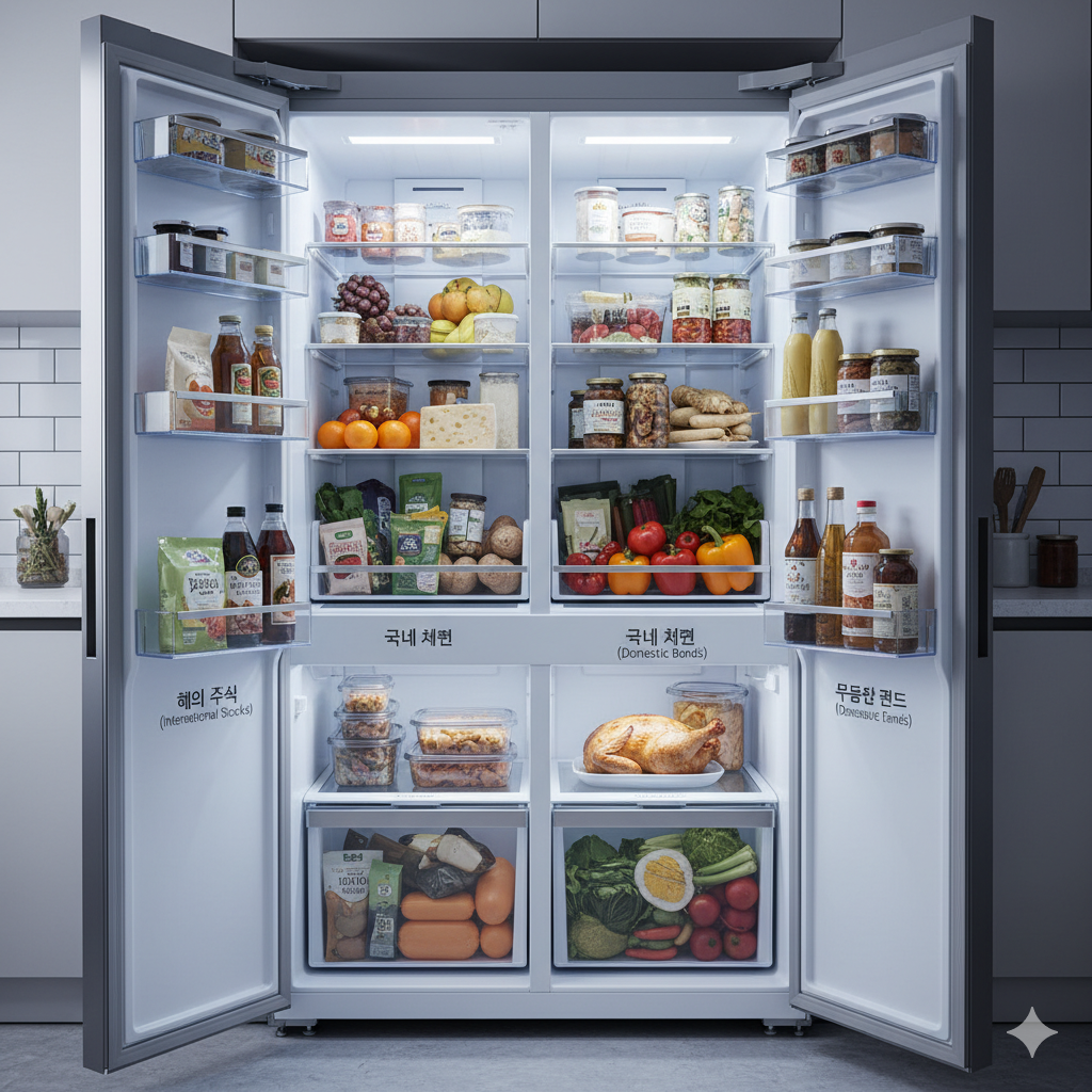 국내 주식이라는 '한국 냉장고'에만 채우는 것이 아니라, 미국 주식, 유럽 채권, 그리고 부동산 같은 '대체 투자'까지 꼼꼼하게 채워 넣어요。