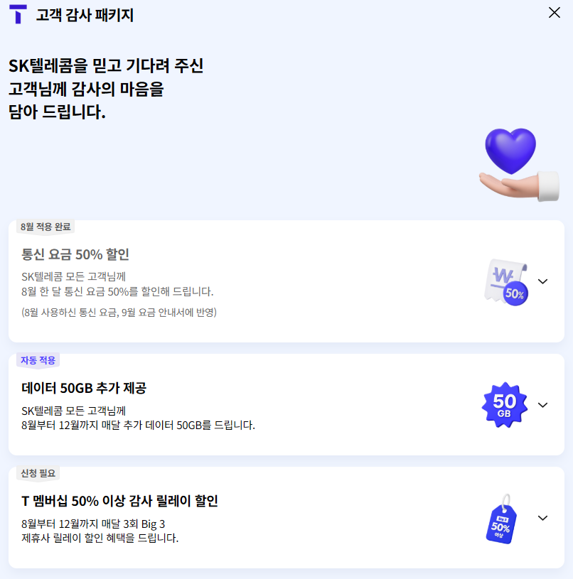 SKT의 고객 감사 패키지로 제공된 데이터 및 통화할인
