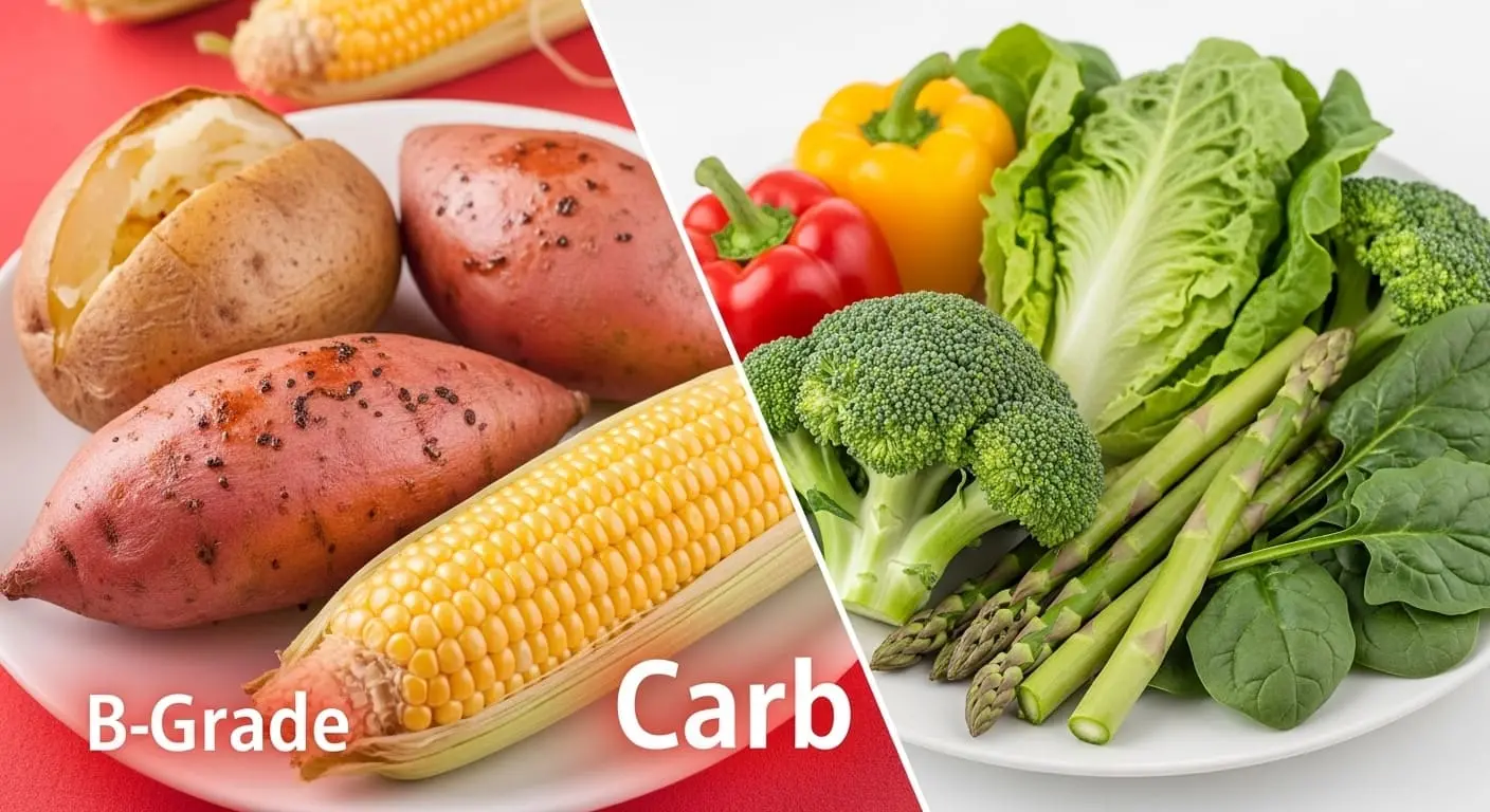 당뇨 환자가 '주식'으로 간주해야 할 감자, 고구마, 옥수수와 '반찬'으로 좋은 채소들을 대비하여 보여주는 모습.