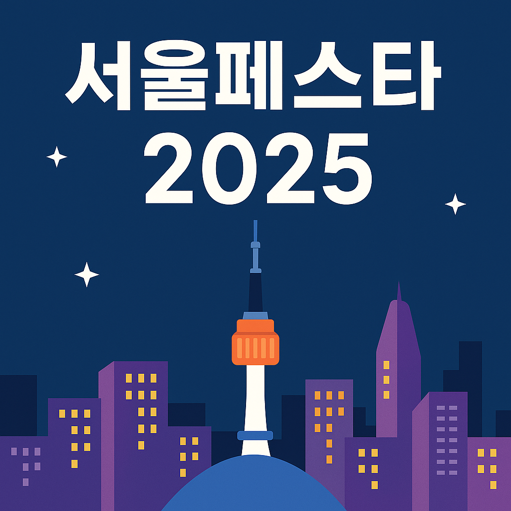 2025년 서울페스타 개최 소식을 알리는 일러스트, 시민들이 행사장을 향해 걷는 모습과 서울의 랜드마크가 함께 표현된 썸네일