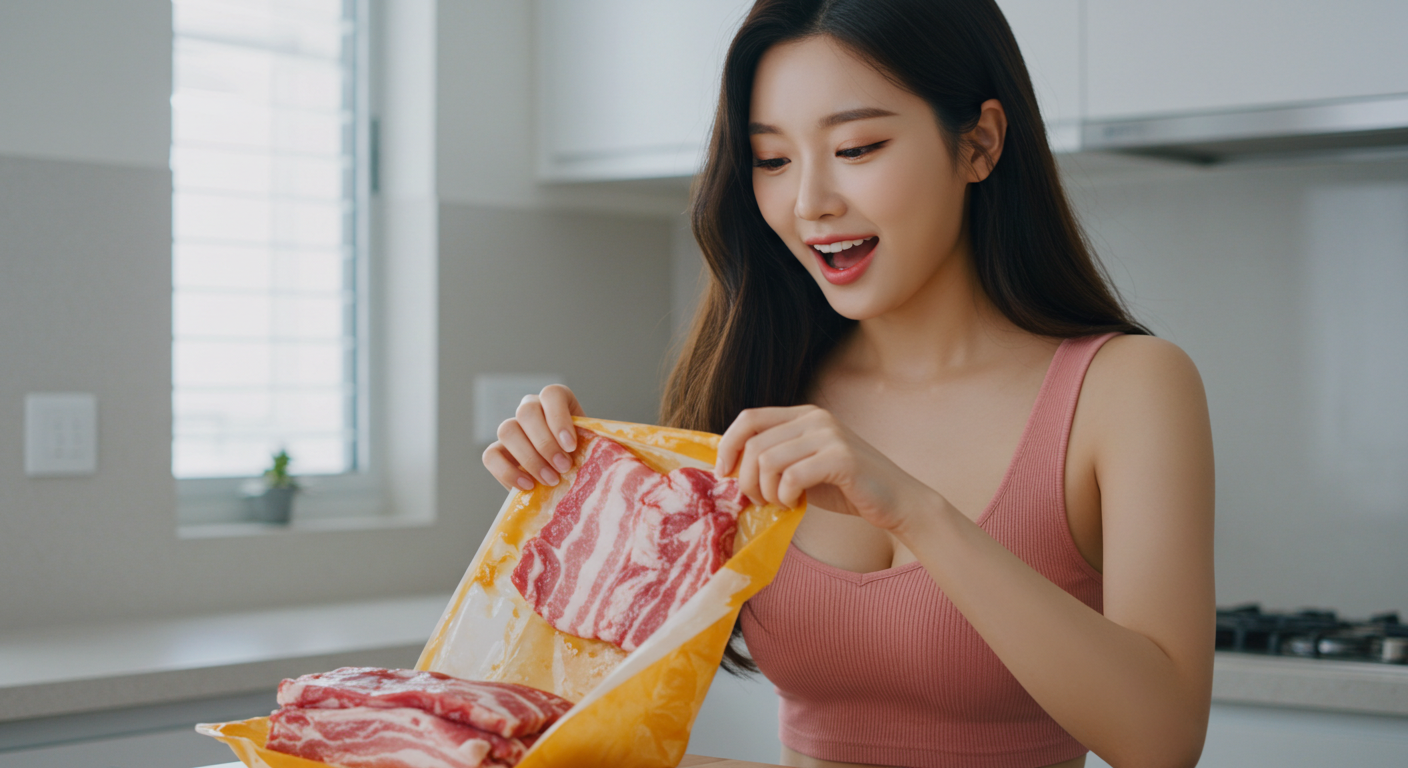 삼겹살 포장을 뜯는 여성