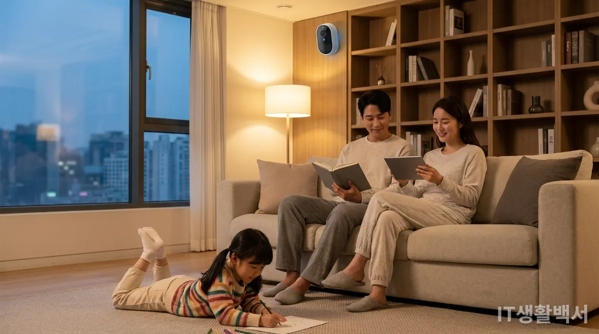 스마트 보안 카메라가 설치된 거실에서 편안하게 휴식하는 한국인 가족