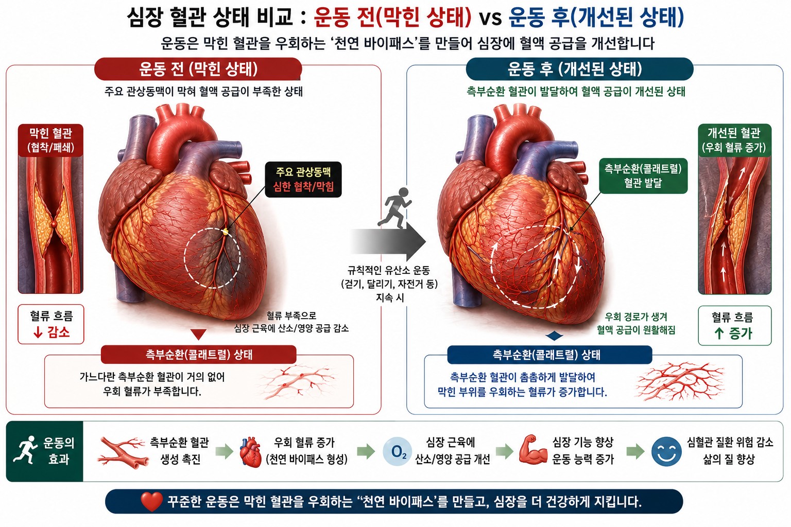 꾸준한 운동으로 막힌 혈관을 우회하는 측부순환 혈관이 발달하여 혈류가 증가되는 것을 설명한 이미지