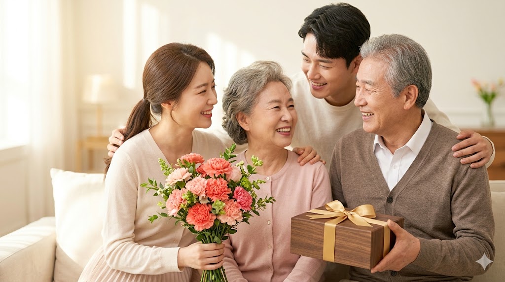 성인 자녀들과 노년의 부모님이 서로를 따뜻하게 껴안고 웃고 있는 포인트를 살린 2026년 어버이날 기념 사진. 딸은 코랄빛 카네이션 꽃다발을 들고 있고, 아버지는 선물 상자를 들고 있다. 햇살이 드는 거실을 배경으로 가족 사랑과 감사의 마음이 느껴지는 스틸컷이다.