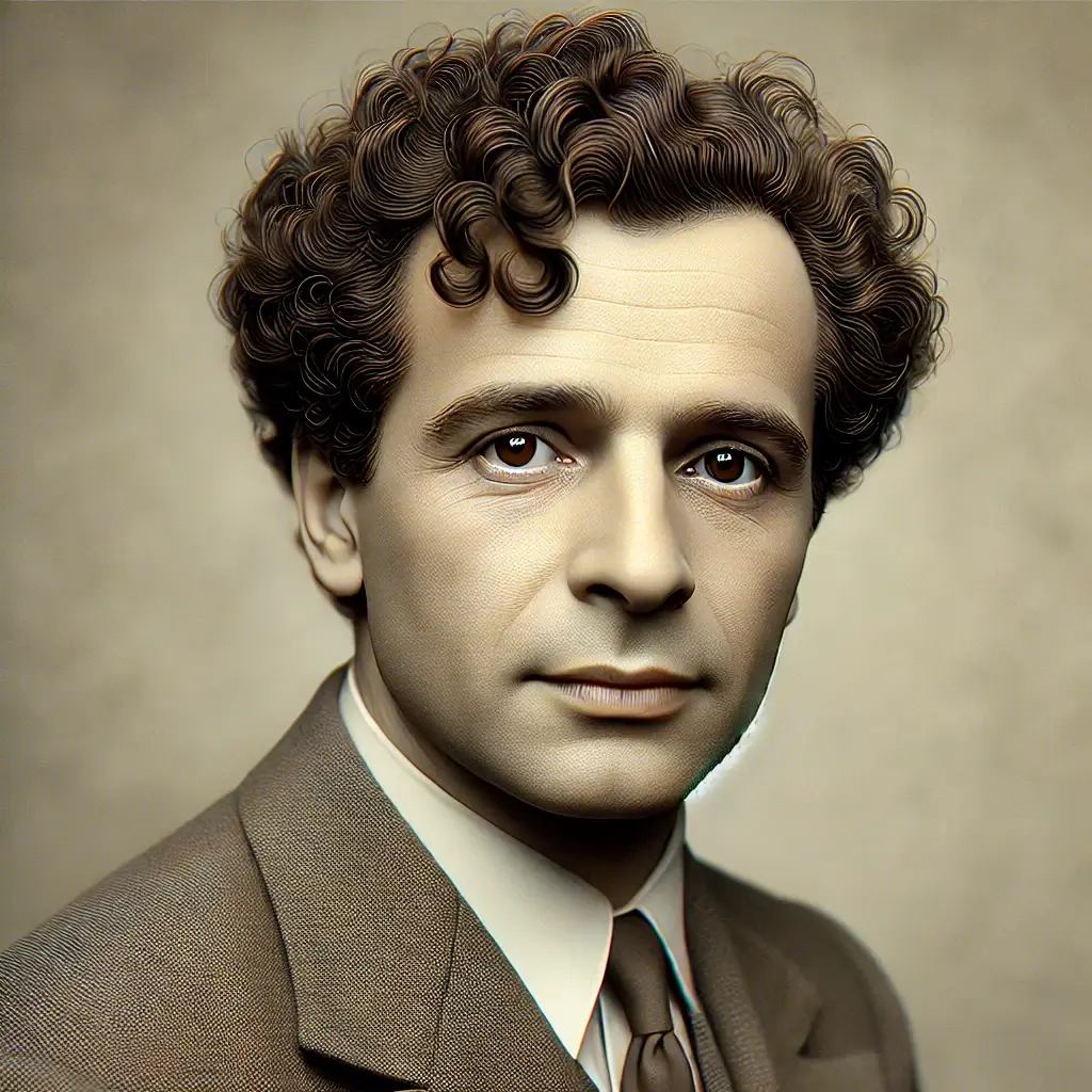 세르게이 에이젠 슈타인 감독의 사진, 40대 정도로 보이는 남자 머리는 곱슬머리에 정장을 입고있고 초상화 처럼 자세를 취하며 앞을 응시하고 있다.