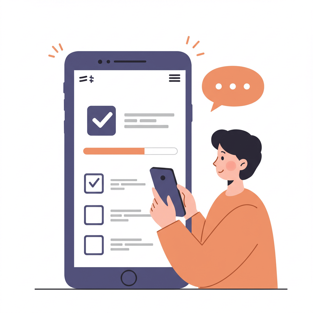 스마트폰 화면에 진행 바와 체크 표시를 보며 신청 현황을 확인하는 어머니