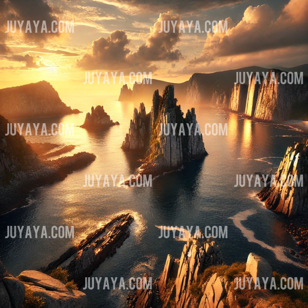 A scenic view of Cheongsando Island&amp;#39;s coastline with dramatic rock formations and a golden sunset.