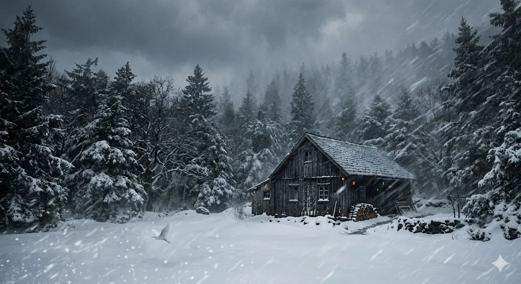 거센 눈보라가 몰아치는 제주도 숲길 한가운데, 위태롭게 서 있는 오래된 집과 날아가는 하얀 새의 실루엣