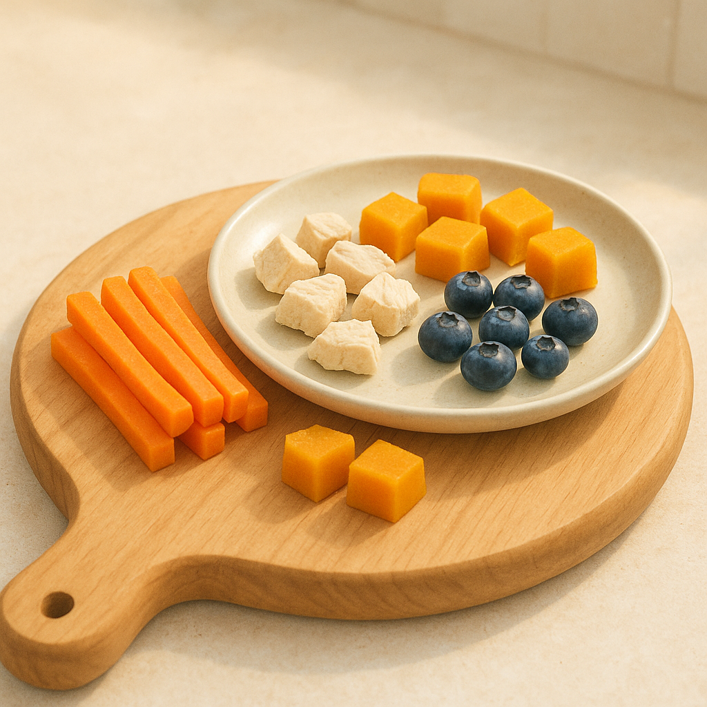 나무 도마 예쁜 접시 위에 작게 자른 당근 스틱
동결건조 닭가슴살 조각 블루베리 몇 알 찐 단호박 조각 4가지 간식을 색감 대비 살려 보기 좋게 플레이팅한 모습