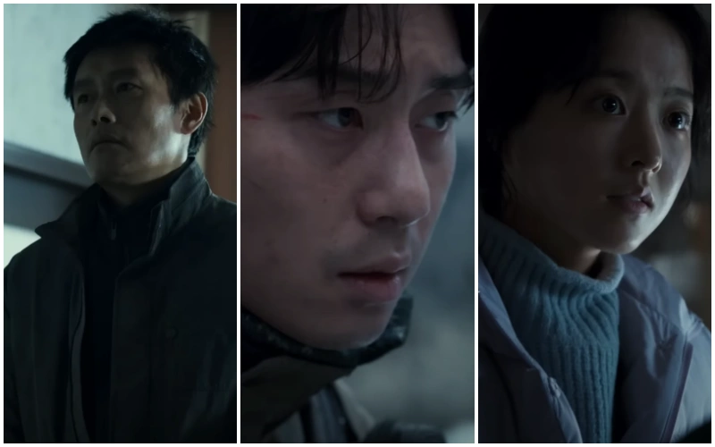 황궁아파트 주요인물인 영탁의 무표정한 얼굴과 어디를 노려보는 민성&#44; 그리고 누군가와 대화하고 있는 명화의 확대된 얼굴