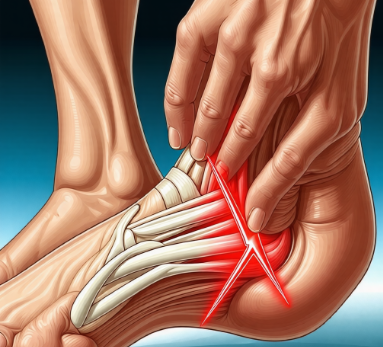 아킬레스건염 증상 이미지 설명: 발뒤꿈치와 종아리 하단부가 붉게 부어오른 모습. 환자가 발뒤꿈치를 만지며 고통스러운 표정을 짓고 있다. 주변에 통증을 나타내는 빨간색 번개 모양의 그래픽이 추가되어 있어 통증의 위치와 강도를 시각적으로 표현하고 있다.
