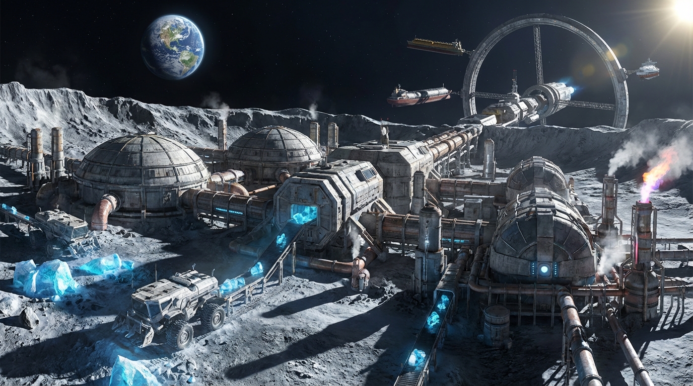 달 남극의 얼음을 로켓 연료로 변환하여 공급하는 거대한 우주 주유소 기지의 전경