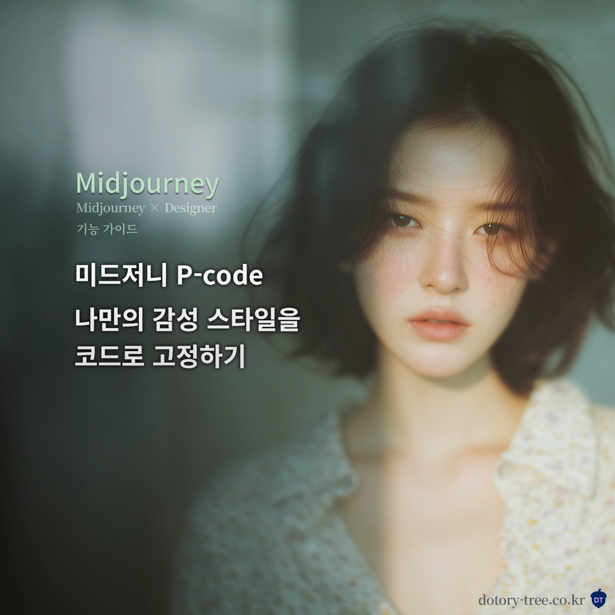 Midjourney P 코드 생성 가이드를 소개하는 썸네일 이미지, 개인화된 감성 해석 기준과 아날로그 필름 톤을 상징하는 인물 비주얼_Midjourney