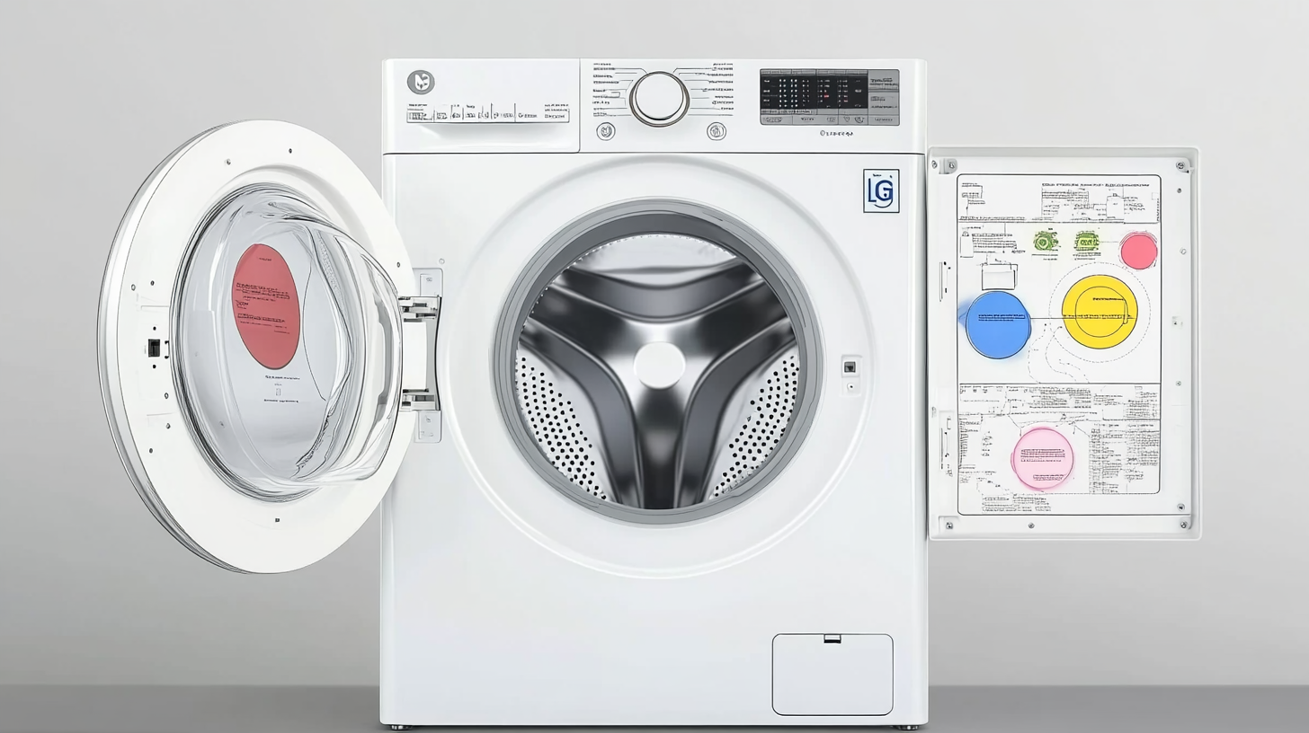 고급 기술 환경에서 사용자 설명서와 기기들이 둘러싸인 가운데 내부 작동과 인공지능 기술을 보여주는 LG 세탁기의 개방된 패널 모습