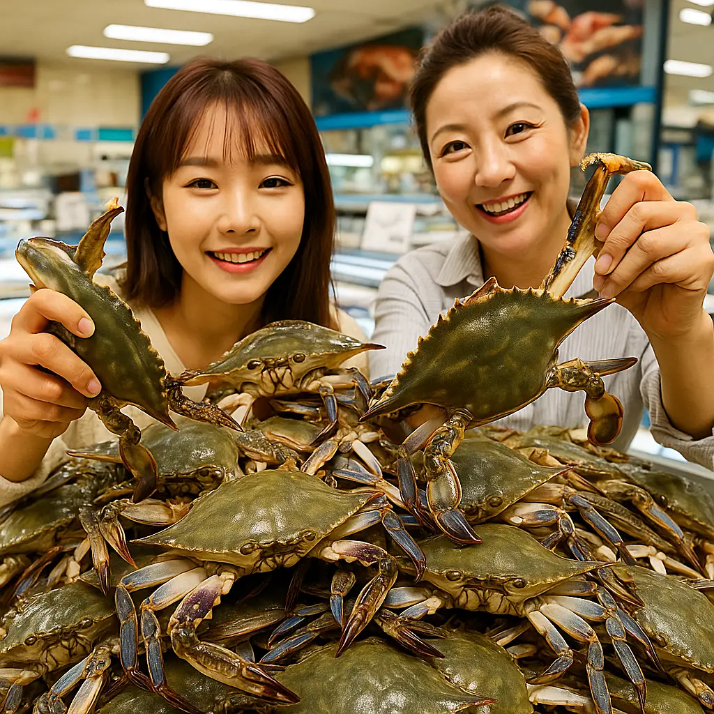 가을 햇살 아래 서해안 수산시장에서 싱싱한 수꽃게를 고르고 있는 두 여성, 수꽃게 껍질이 윤기나고 배딱지가 뾰족한 모습이 강조된 이미지