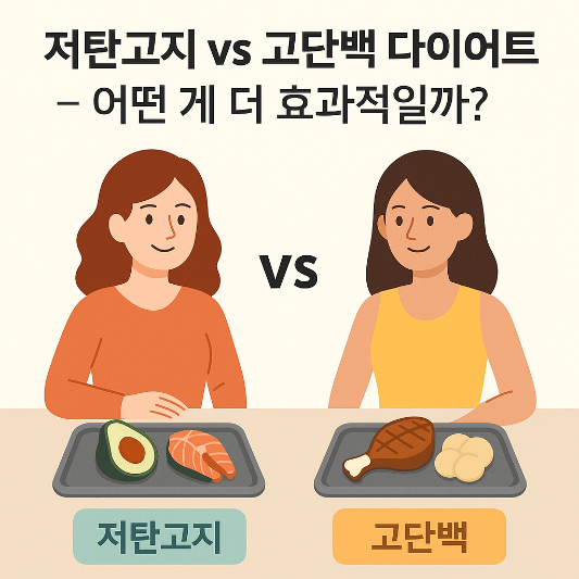 고단백 다이어트와 저탄고지 식단을 비교하는 인포그래픽. 각 여성 앞에 해당 식단을 상징하는 음식(연어, 아보카도 / 닭다리, 감자)이 놓여 있다.