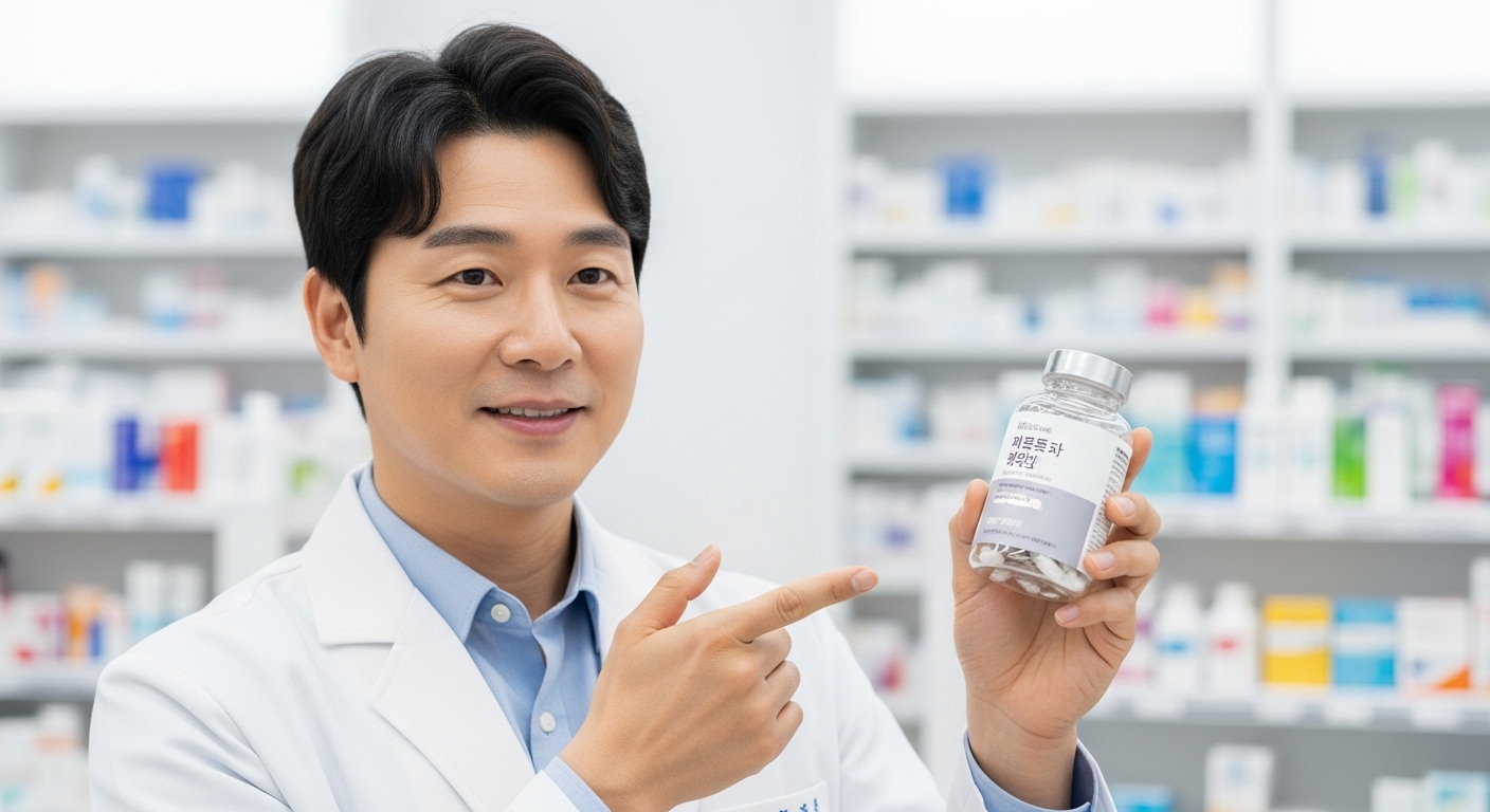 약사가 신뢰감 있는 표정으로 두뇌 영양제에 대해 설명하는 모습