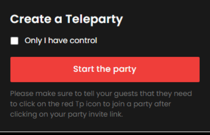 start the party 버튼을 눌러서 친구들과 함께 영상으 보고 채팅을 나눌 수 있는 방을 생성한다.