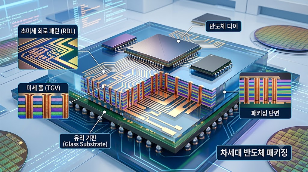초미세 회로 패턴과 미세한 홀이 유전체 상에 정밀하게 형성된 차세대 유리 기판 반도체 패키징 3D 그래픽 이미지
