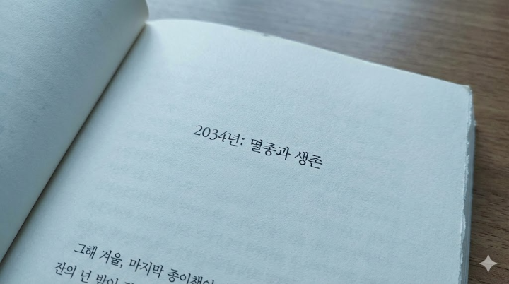 책을 펼쳐 미래 연도가 적힌 소제목 부분을 클로즈업했습니다. 텍스트 주변의 넉넉한 여백이 주는 쓸쓸함과, SF적인 분위기를 동시에 전달하며 독자의 호기심을 자극합니다.