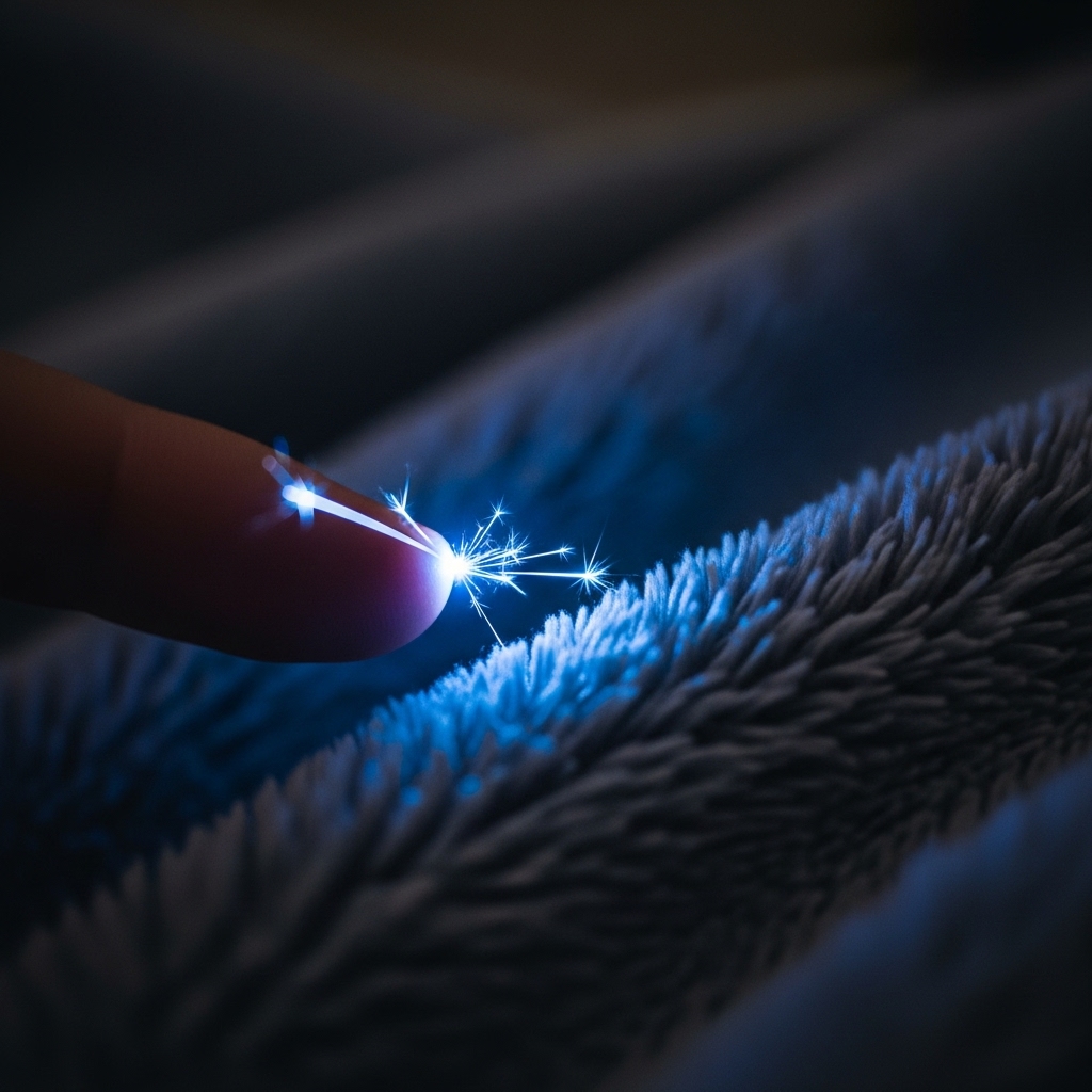 어두운 방에서 극세사 이불에 손을 댈 때 파란색 정전기 스파크가 튀는 모습