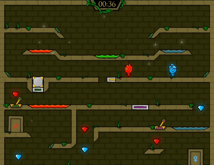 불과-물-2인용-게임하기-5-엘레먼트-플레이-소녀가-노란색-버튼을-눌러-장치를-작동시키는-화면