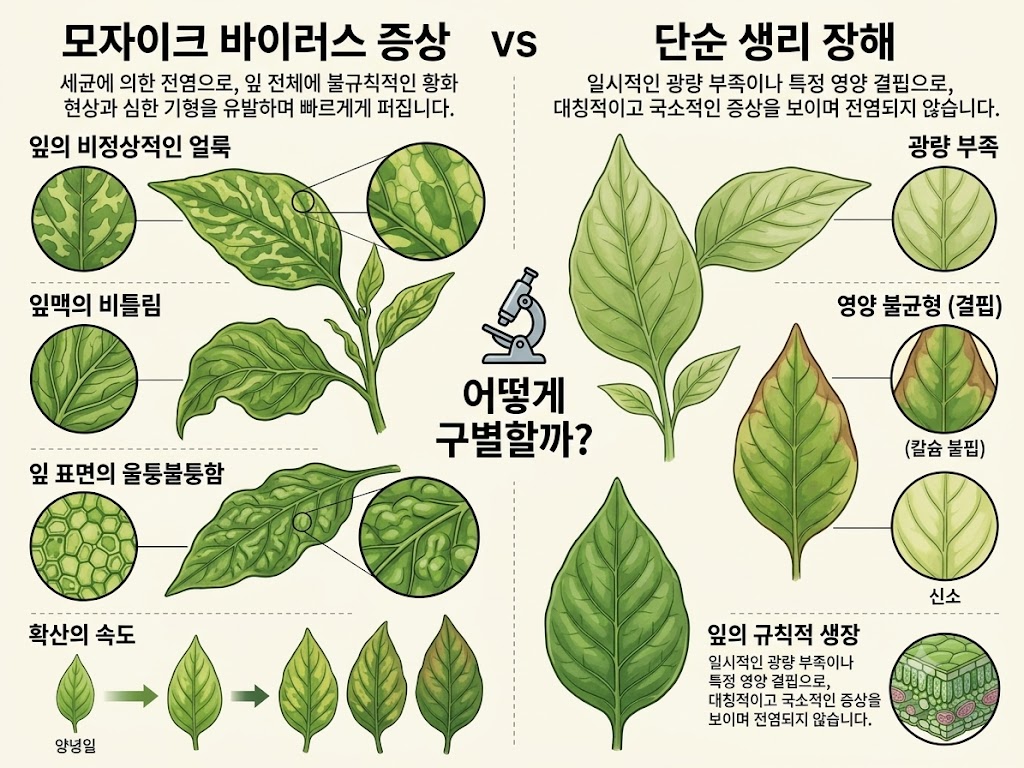 고추 잎 얼룩의 모자이크 바이러스와 단순 생리장해 식별 판단 기준을 설명하는 다이어그램