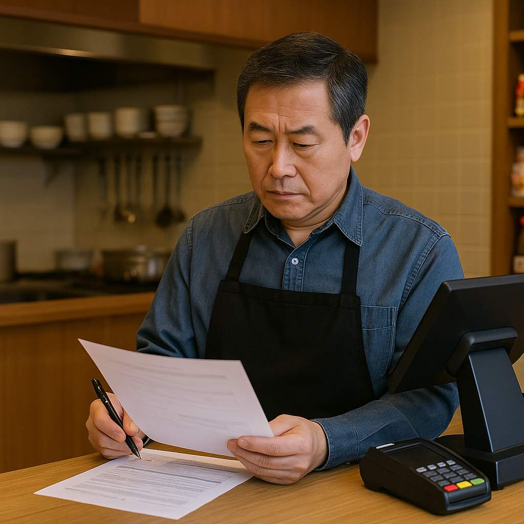 한국 소상공인이 계산대 앞에서 자금 계획서를 검토하는 진지한 모습