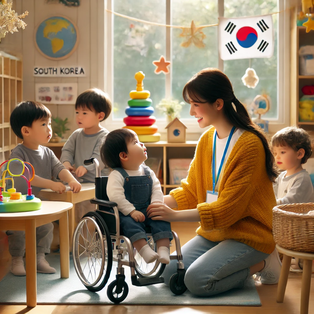 &quot;한국의 어린이집에서 장애아동을 포함한 아이들을 보살피는 보육교사의 따뜻한 모습. 휠체어를 탄 아이가 다른 친구들과 함께 활동하며, 교사가 아이들과 소통하며 돌봄을 제공하는 장면. 밝고 따뜻한 분위기의 보육 공간, 다채로운 장난감과 교육 자료가 배치된 환경.&quot;